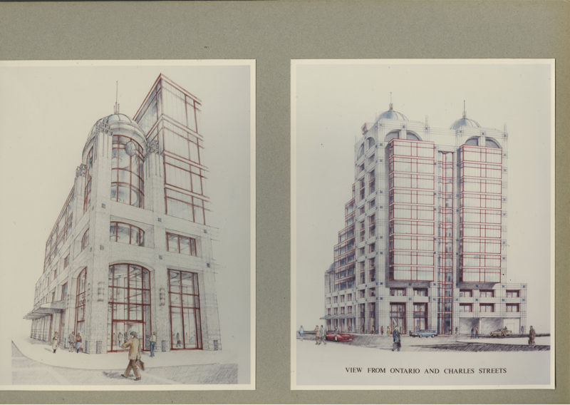 Architectural sketches of the building with window panes highlighted in red
