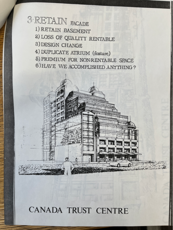 Drawing of a heritage preservation proposal for the building which retians the neighbouring medical arts building. After summarizing the changes to the proposal, it finishes by asking, have we accomplished anything?