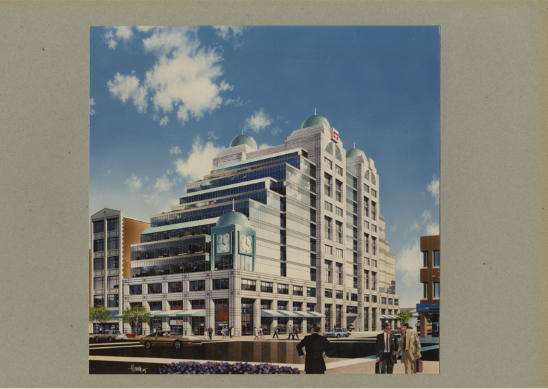Artistic rendering of the ultimate form of the building, with two angled facades (front and back) instead of the one that exists today.