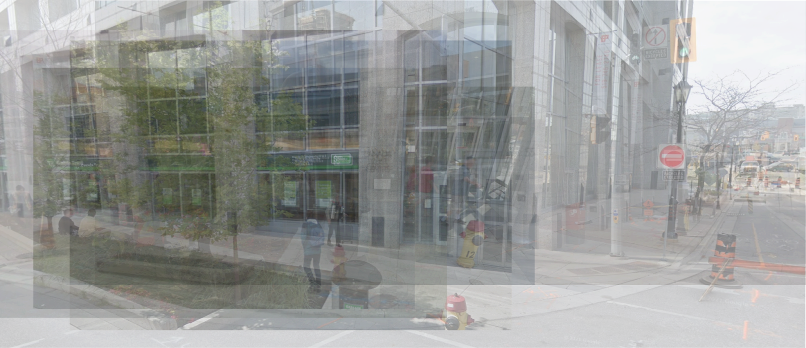 Streetscape of the building, overlaid with Street View images in multiple layers